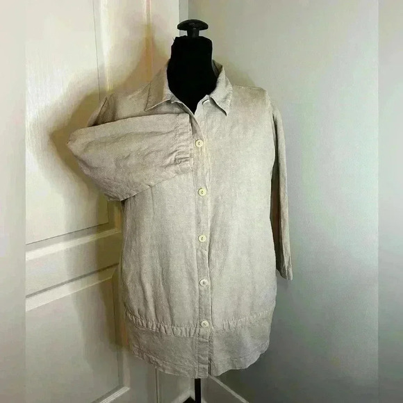 Eileen Fisher Vintage 100% Linen Womens M Beige Button Front Pockets Tunic Top - Picture 4 of 10